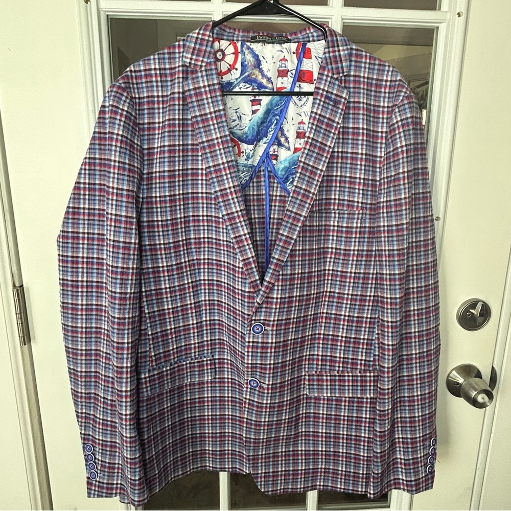 Paisley & Gray Red White & Blue Plaid Blazer, Nautical Lining‎ 44R